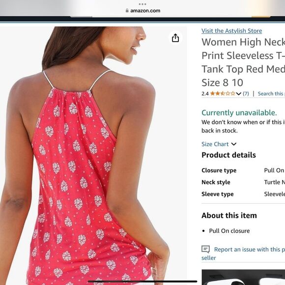 Women High Neck Floral Print Sleeveless T-Shirt Tank Top Red Medium - Picture 4 of 9